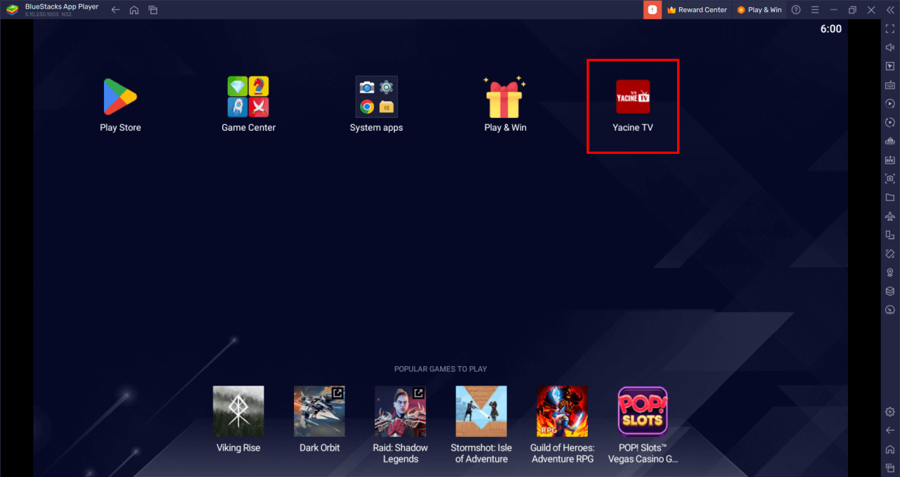 Yacine TV installed on BlueStacks emulator